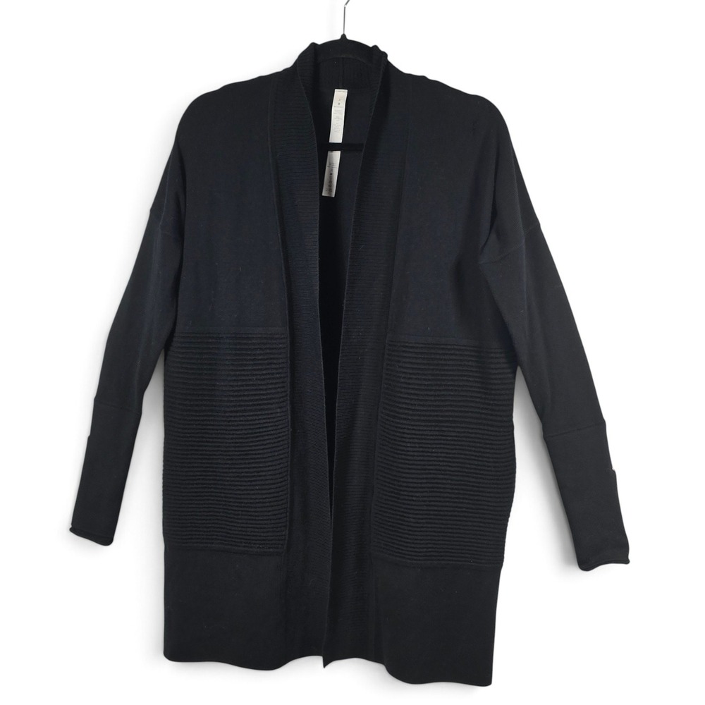 Lululemon Cardigan Women 2 Merino Merino Wool Open Front Black Ribbed Knit READ